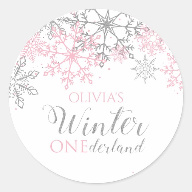 Sticker Rond Winter Onederland Flocon de neige argent et rose (Devant)