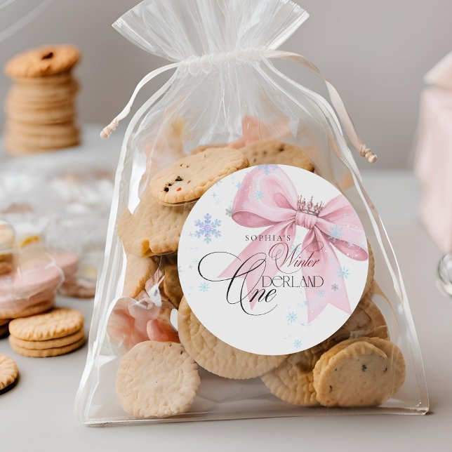 Sticker Rond Winter ONEderland Pink Bow 1st Birthday Party (Créateur téléchargé)