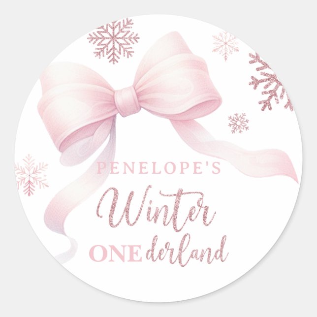 Sticker Rond Winter Onederland Pink Bow Girl 1st Birthday (Devant)
