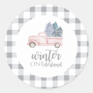 Sticker Rond Winter Onederland Premier anniversaire camion rose