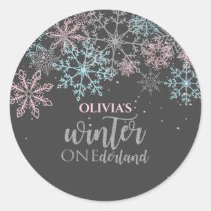 Sticker Rond Winter Onederland Rose bleu argent parties scintil