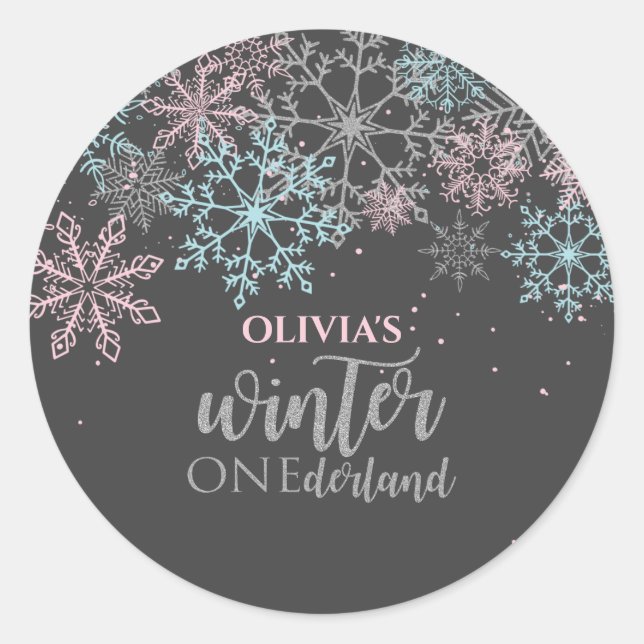 Sticker Rond Winter Onederland Rose bleu argent parties scintil (Devant)