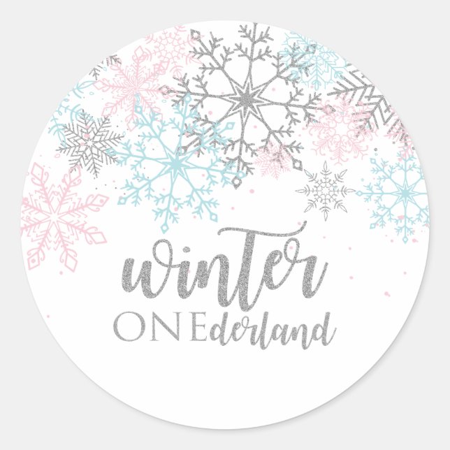 Sticker Rond Winter Onederland Rose bleu argent parties scintil (Devant)