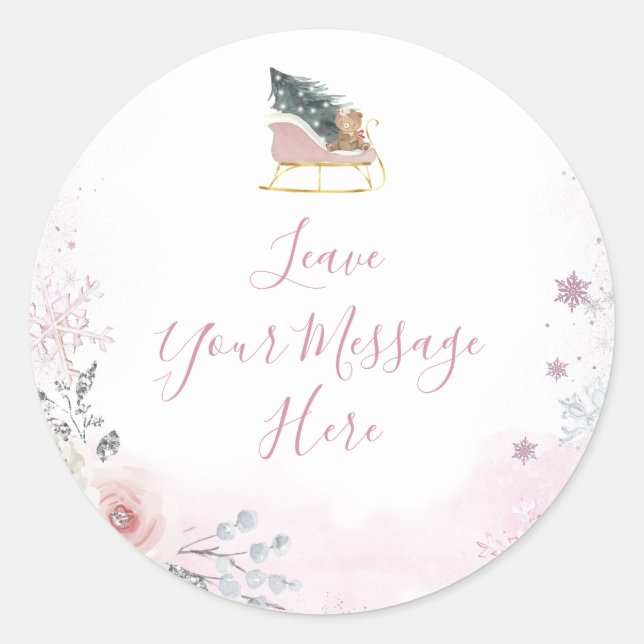 Sticker Rond Winter Pastel Pink Snowflake Sleigh Your Message (Devant)