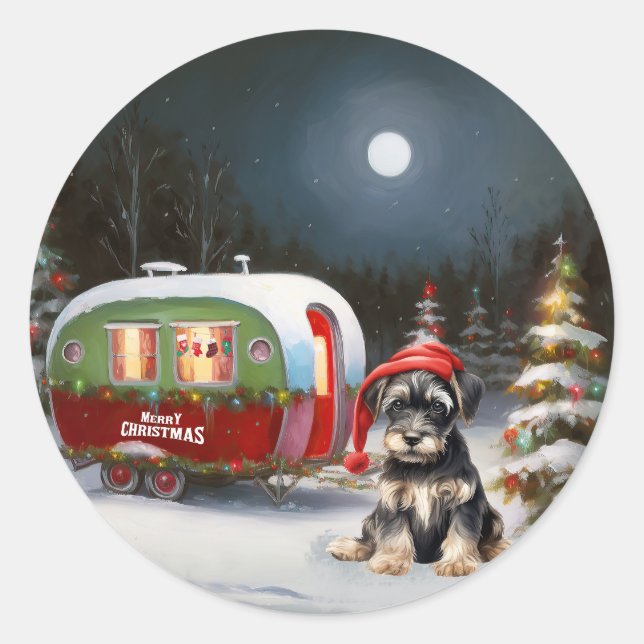 Sticker Rond Winter Schnauzer Caravan Christmas Adventure (Devant)