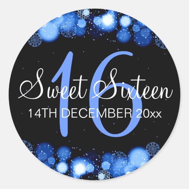 Sticker Rond Winter Sweet 16 Anniversaire Fête Blue Bokeh Lumiè (Devant)