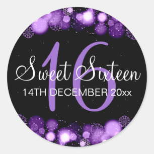 Sticker Rond Winter Sweet 16 Anniversaire Fête Purple Bokeh Lum