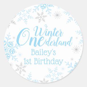 Sticker Rond Winter Wonderland 1er anniversaire Bleu Parties sc