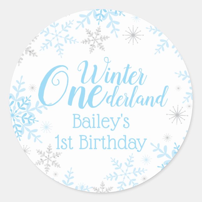 Sticker Rond Winter Wonderland 1er anniversaire Bleu Parties sc (Devant)