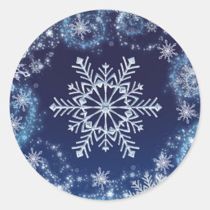 Sticker Rond Winter Wonderland Blue & White Snowflakes Favorise
