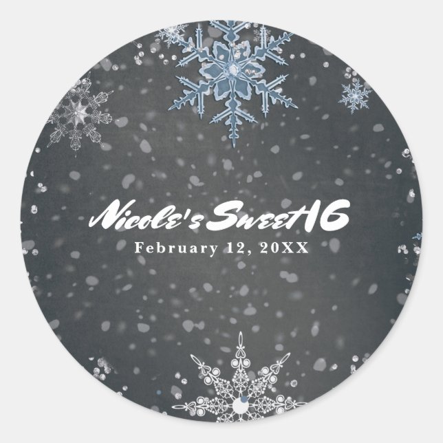 Sticker Rond Winter Wonderland Chalk Blue Grey Silver Party (Devant)