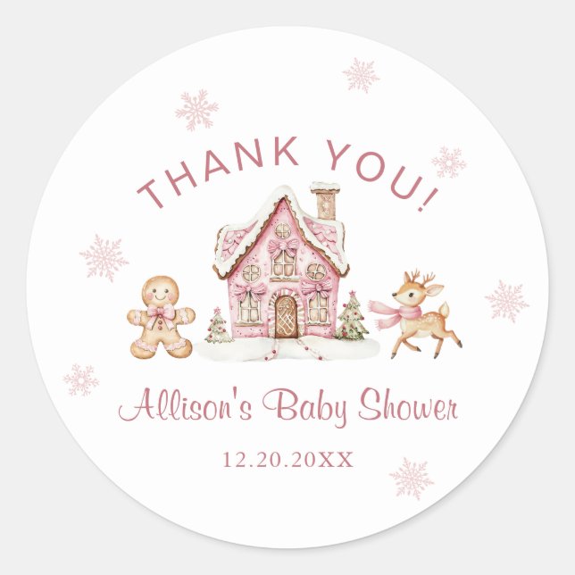 Sticker Rond Winter Wonderland Pink Baby Shower Thank You (Devant)