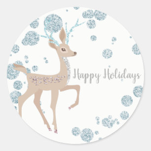Sticker Rond Winter Wonderland Silver Sparkle Deer Party Favori