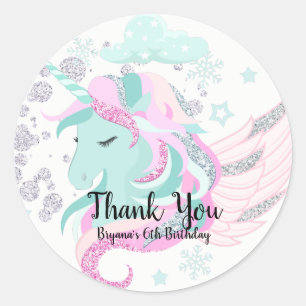 Sticker Rond Winter Wonderland Silver Sparkle Unicorne Party