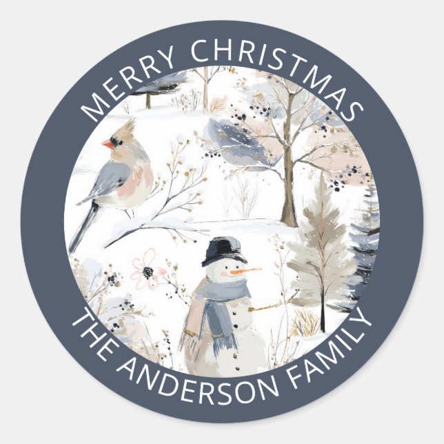 Sticker Rond Winter Wonderland Snowman et Bird Motif (Devant)