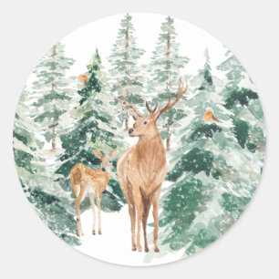 Sticker Rond Winter Woodland Deer Noël rustique
