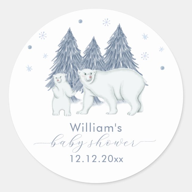 Sticker Rond Winter Woodland Forest Polar Bear Baby Shower  (Devant)