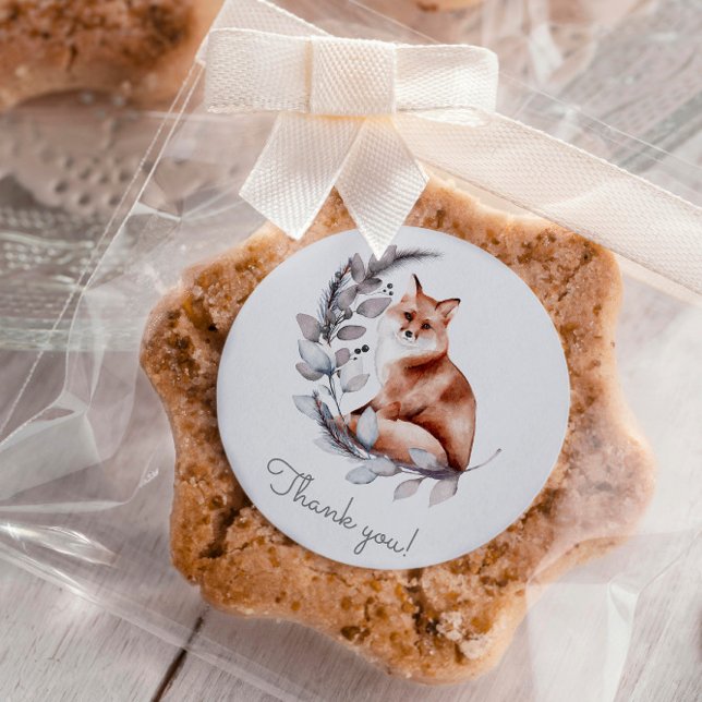 Sticker Rond Winter Woodland Fox Baby shower de script moderne (Créateur téléchargé)