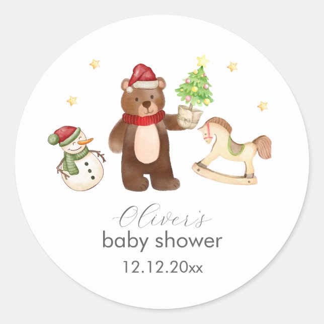 Sticker Rond Winter Woodland Teddy Bear Snowman Baby Shower (Devant)