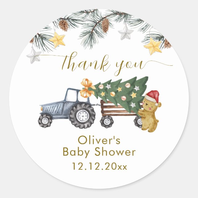 Sticker Rond Winter X'mas Tree Tractor Bear Baby Shower  (Devant)