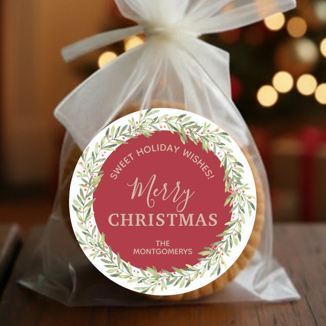Sticker Rond Wire Noël Maison de vacances Baking (Greenery and berries wreath Merry Christmas homemade holiday baking dark red stickers)