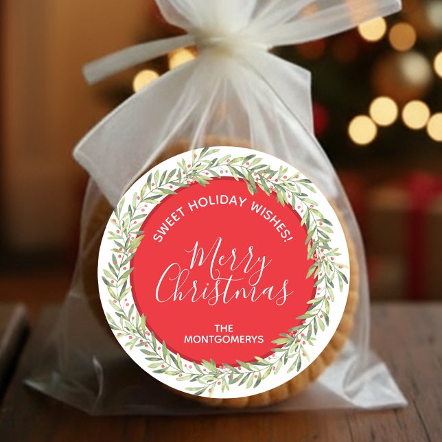 Sticker Rond Wire Noël Maison de vacances Baking (Greenery and berries wreath Merry Christmas homemade holiday baking red stickers)