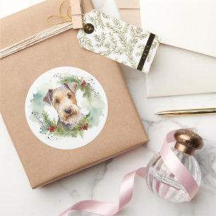 Sticker Rond Wirefox Terrier Festive de Noël Wreath Pup