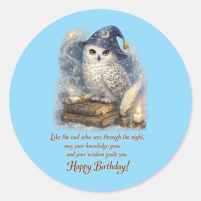 Sticker Rond Wisdom & Knowledge Snow Owl Happy Birthday Card (Devant)