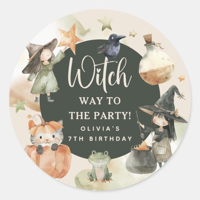 Sticker Rond Witch Way to the Party's Kids Halloween Anniversai (Devant)
