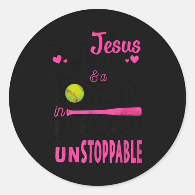 Sticker Rond With Jesus In Her Heart And A Softball She Is Unst (Devant)