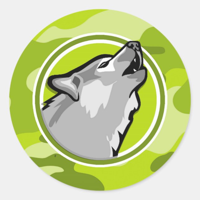 Sticker Rond Wolf ; camo vert vif, camouflage (Devant)