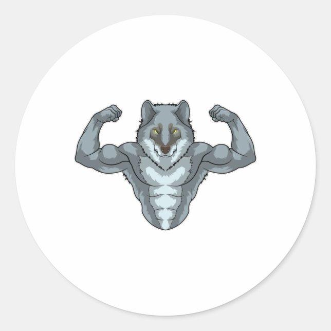 Sticker Rond Wolf comme Bodybuilder avec de grands Muscles (Devant)