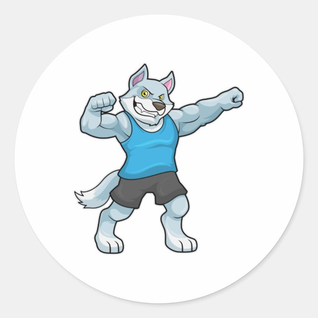 Sticker Rond Wolf comme Bodybuilder avec les gros bras supérieu (Devant)