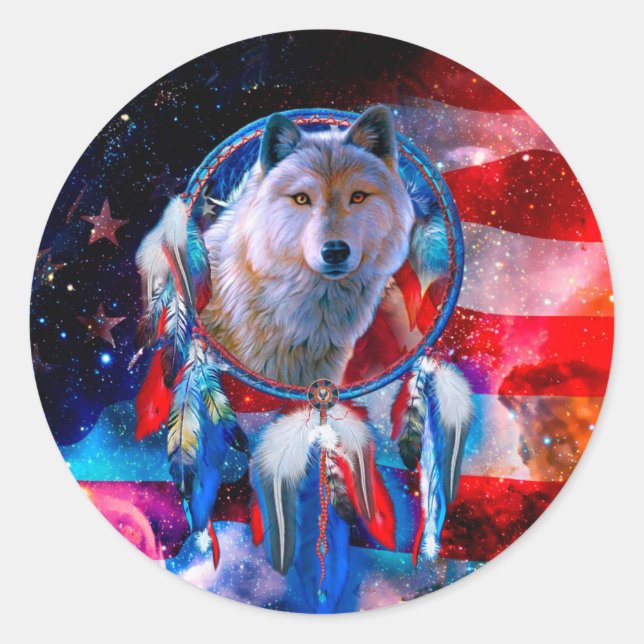 Sticker Rond Wolf et Dreamcatcher en drapeau américain (Devant)