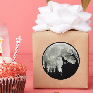 Sticker Rond Wolf Howl sur la lune d'Halloween en montagne