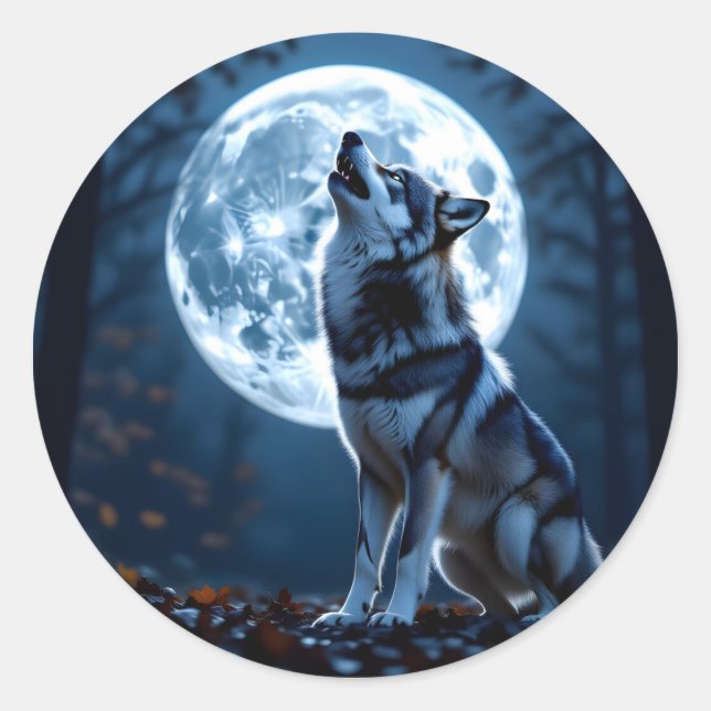 Sticker Rond Wolf Howling à la Lune (Devant)