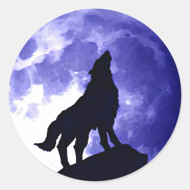 Sticker Rond Wolf Howling à la lune de nuit bleue (Devant)