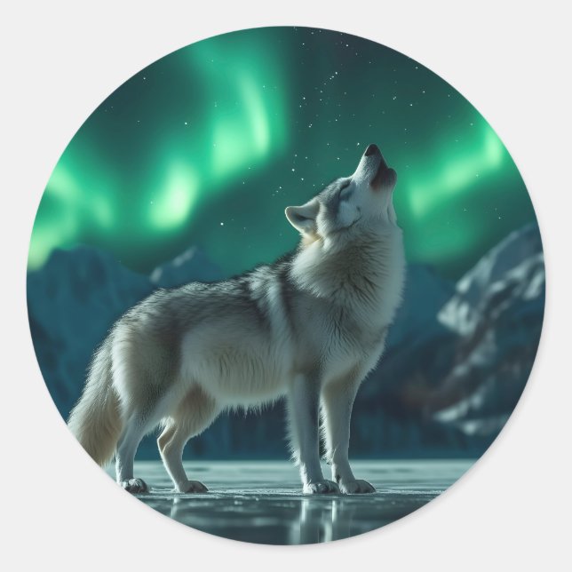 Sticker Rond Wolf Howling Under the Northern Lights (Devant)