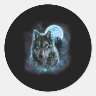 Sticker Rond Wolf Icy Moon Galaxy Chasse Gris Gris Loups Pour