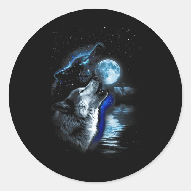 Sticker Rond Wolf Moon Lake Wolf Howling Pleine lune Wolf Graph (Devant)