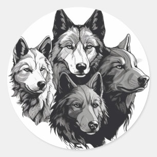 Sticker Rond Wolf Pack Graphisme tribal Loups noirs et blancs
