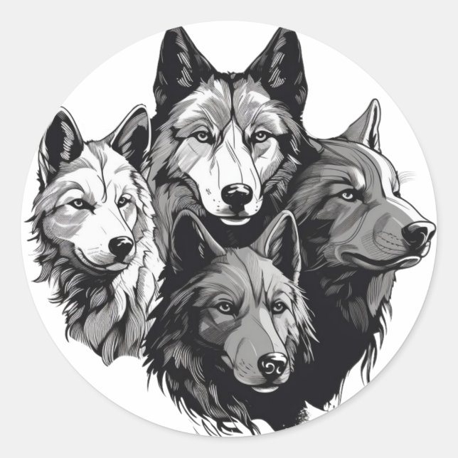 Sticker Rond Wolf Pack Graphisme tribal Loups noirs et blancs (Devant)