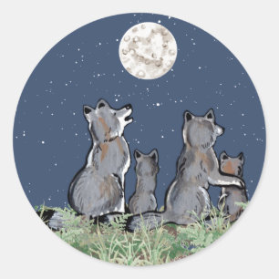 Sticker Rond Wolf Pack hurler à la lune, étoiles de nuit