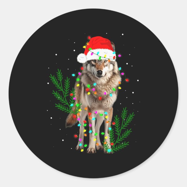 Sticker Rond Wolf Santa Hat Christmas Lights Wolf Lover Animal  (Devant)