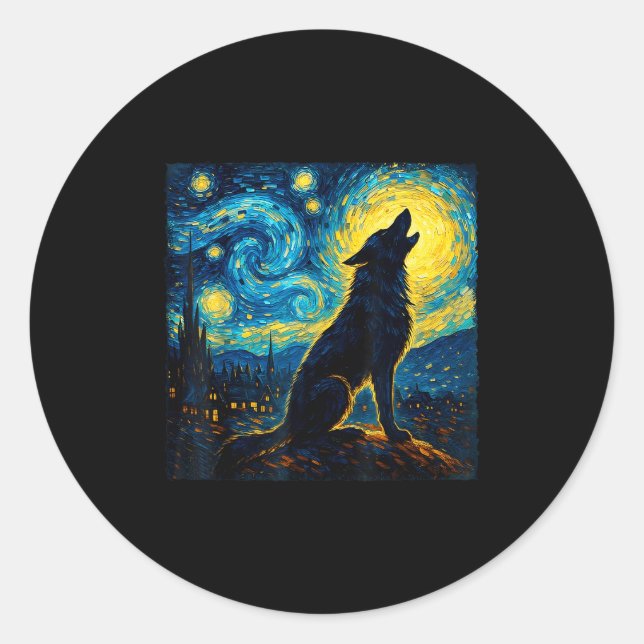 Sticker Rond Wolf Starry Night HowHowling Lune Dons Drôle Pour  (Devant)