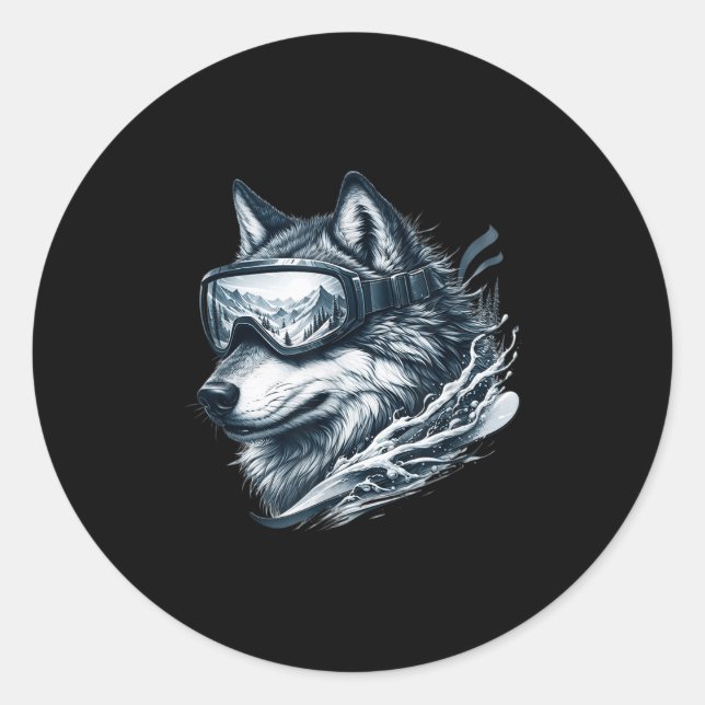 Sticker Rond Wolf Wearing Ski Snowboard Goggles Wolf Skiing  (Devant)