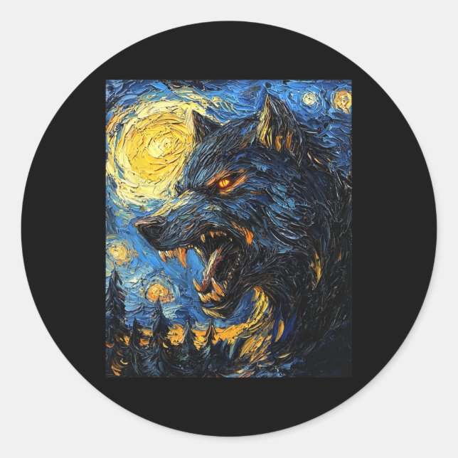 Sticker Rond Wolf Werewolf - Van Gogh Style - Starry Nig (Devant)
