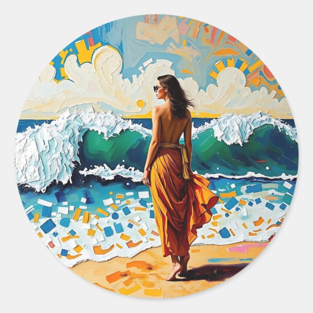 Sticker Rond Woman on Beach Abstract Seaside Art (Devant)