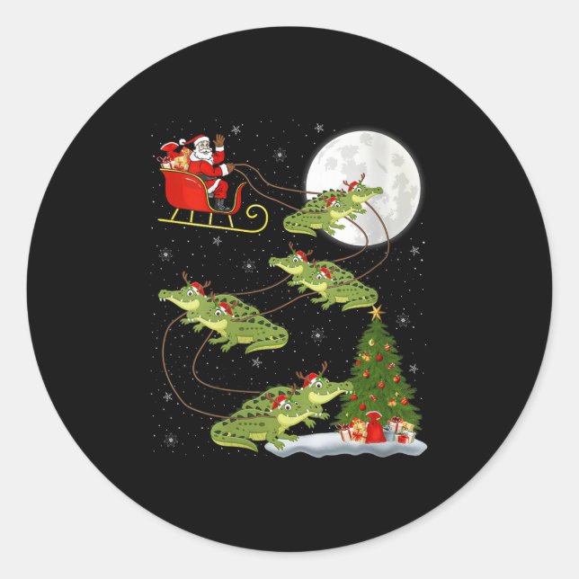 Sticker Rond Womens Alligator Santa Sleigh Flying Funny Magical (Devant)