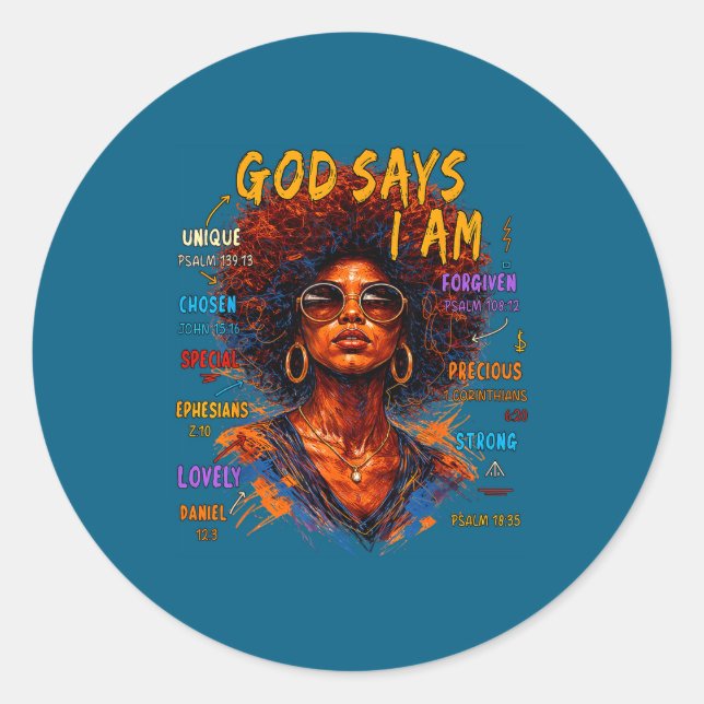 Sticker Rond Womens Black Girl Queen God Says I Am Melanin Hist (Devant)